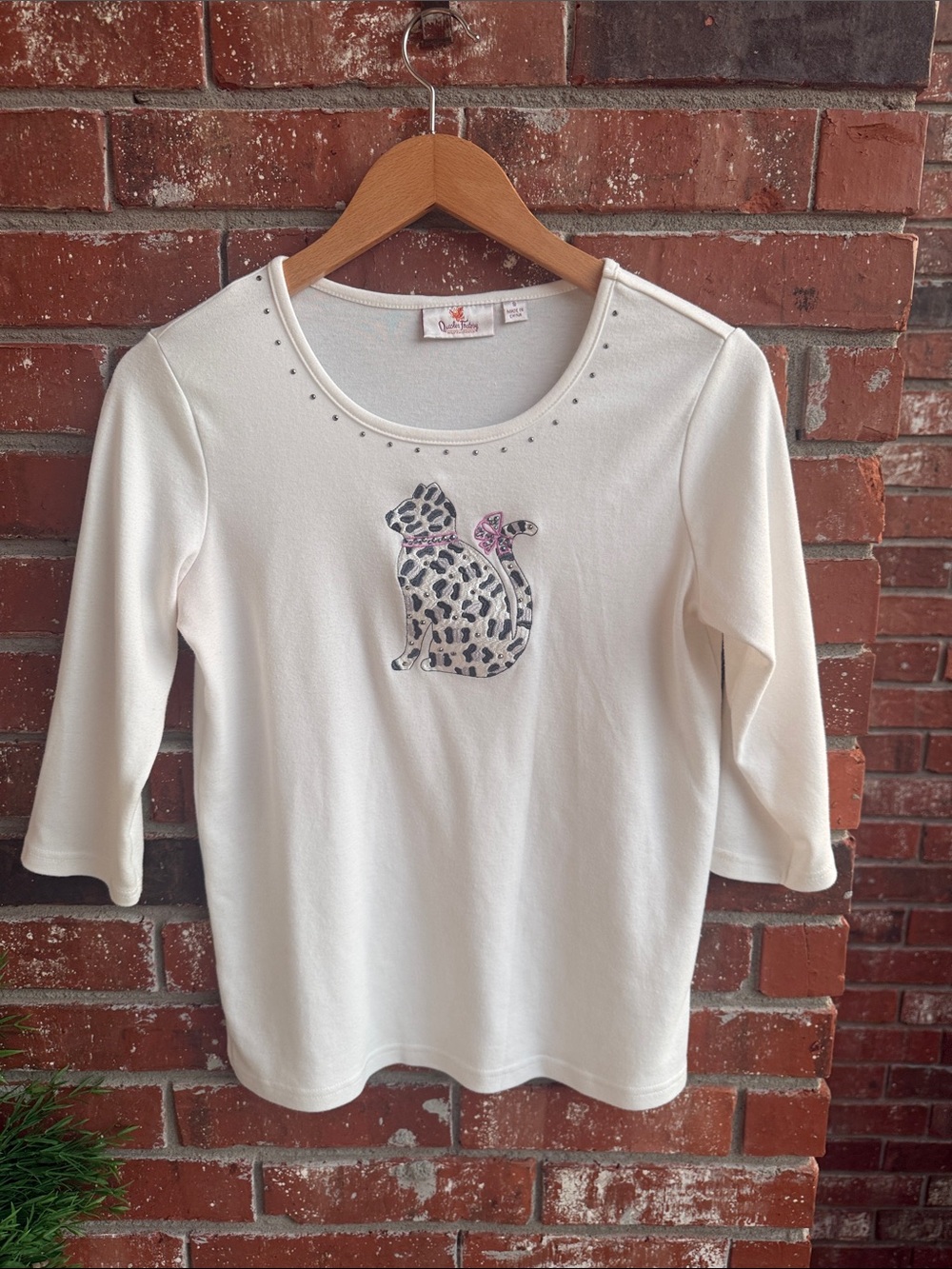 Quacker Factory Cream Top with Leopard Cat Appliqué